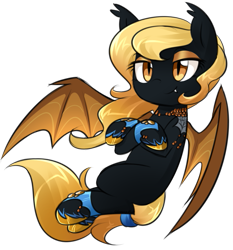 Size: 695x746 | Tagged: safe, artist:cosmalumi, oc, oc only, oc:regina liliac, bat pony, pony, bedroom eyes, bracelet, eyeshadow, fangs, flying, makeup, necklace, royalty, slit eyes, smiling, solo, spread wings, unshorn fetlocks