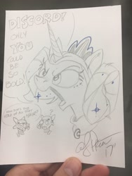 Size: 1536x2048 | Tagged: safe, artist:andypriceart, discord, princess luna, alicorn, pony, andy you magnificent bastard, commission, hair bun, princess leia, star wars, stormtrooper, traditional art