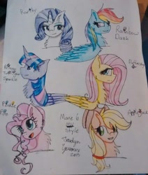 Size: 814x960 | Tagged: safe, artist:jaidyn-fangtrap, derpibooru import, applejack, fluttershy, pinkie pie, rainbow dash, rarity, twilight sparkle, twilight sparkle (alicorn), alicorn, earth pony, pegasus, pony, unicorn, female, mane six, mare, traditional art