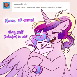 Size: 720x720 | Tagged: safe, artist:cosmalumi, princess cadance, princess flurry heart, alicorn, pony, ask, cute, dawwww, dialogue, duo, eyes closed, female, flurrybetes, flurryheart-babbles, hug, mother and child, mother and daughter, open mouth, parent and child, ponytail, simple background, smiling, tumblr