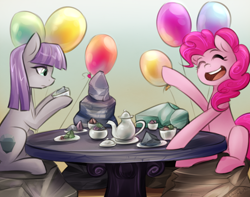 Size: 950x750 | Tagged: safe, artist:cosmalumi, maud pie, pinkie pie, earth pony, pony, balloon, cup, eyes closed, female, mare, open mouth, rock, sitting, table, tea party, teacup, teapot