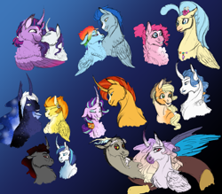 Size: 3603x3160 | Tagged: safe, artist:xxhuntersguardianxx, applejack, discord, fancypants, king sombra, nightshade, pinkie pie, princess celestia, princess luna, princess skystar, rainbow dash, rarity, shining armor, spitfire, starlight glimmer, sunburst, twilight sparkle, twilight sparkle (alicorn), alicorn, classical hippogriff, draconequus, earth pony, hippogriff, pegasus, pony, unicorn, bust, coat markings, crack shipping, curved horn, dislestia, fancijack, female, gay, gradient background, horn, infidelity, kissing, lesbian, lunafire, male, mare, rainbowshade, rarilight, redesign, shiningsombra, shipping, skypie, stallion, starburst, straight