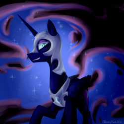 Size: 750x750 | Tagged: safe, artist:cosmalumi, nightmare moon, alicorn, black coat, female, horn, mare, simple background, solo