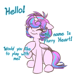 Size: 750x750 | Tagged: safe, artist:cosmalumi, princess flurry heart, the crystalling, ask, bronybait, cute, dialogue, eyes closed, flurrybetes, flurryheart-babbles, happy, raised hoof, simple background, sitting, smiling, solo, that was fast, tumblr, white background