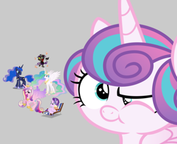 Size: 694x567 | Tagged: safe, king sombra, princess cadance, princess celestia, princess flurry heart, princess luna, starlight glimmer, alicorn, pony, 1000 hours in ms paint, close-up, ms paint, one eye closed, what has science done, where is your god now?, wink