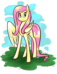 Size: 584x750 | Tagged: safe, artist:cosmalumi, fluttershy, pegasus, pony, female, looking at you, mare, one wing out, outdoors, solo, standing, three quarter view, wings