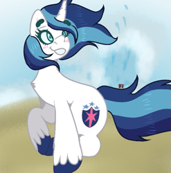 Size: 593x600 | Tagged: safe, artist:crippling depression, gleaming shield, shining armor, pony, unicorn, beach, blushing, cute, gleamibetes, raised hoof, rule 63, rule63betes, shining adorable, signature, sitting, smiling, solo, wind, windswept mane