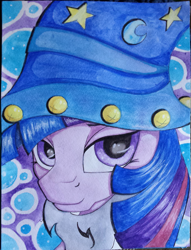 Size: 2297x3005 | Tagged: safe, artist:amous-anona, derpibooru import, star swirl the bearded, twilight sparkle, twilight sparkle (alicorn), alicorn, pony, beard, clothes, costume, female, hat, mare, solo, traditional art, watercolor painting