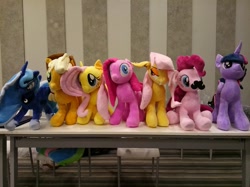 Size: 777x582 | Tagged: safe, artist:hutouluosha, applejack, fluttershy, pinkie pie, princess luna, twilight sparkle, twilight sparkle (alicorn), alicorn, earth pony, pegasus, pony, china ponycon, facial hair, moustache, pinkamena diane pie, plushie