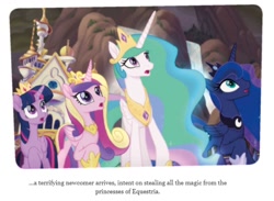 Size: 872x639 | Tagged: safe, princess cadance, princess celestia, princess luna, twilight sparkle, twilight sparkle (alicorn), alicorn, pony, my little pony: the movie, spoiler:my little pony movie the junior novel, alicorn tetrarchy, crown, jewelry, regalia, text