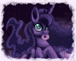 Size: 1024x827 | Tagged: safe, artist:raramila, princess luna, alicorn, pony, cute, donut, food, lunabetes, mouth hold, solo