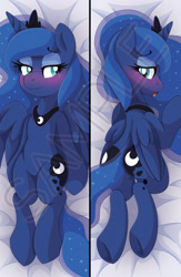 Size: 1355x2084 | Tagged: safe, artist:pearlyiridescence, princess luna, alicorn, pony, bed, blushing, body pillow, body pillow design, crown, cute, embarrassed, featureless crotch, female, jewelry, looking back, mare, merchandise, moonbutt, on back, open mouth, plot, praise the moon, regalia, solo, underhoof, watermark