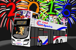 Size: 1024x670 | Tagged: safe, artist:infinityr319, derpibooru import, applejack, fluttershy, pinkie pie, rainbow dash, rarity, twilight sparkle, earth pony, pegasus, pony, unicorn, 2016, bus, champagne, double decker bus, fireworks, happy new year, happy new year 2016, mane six, new year, volvo, volvo b9tl, wright eclipse gemini, wrightbus