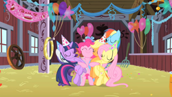 Size: 852x480 | Tagged: safe, derpibooru import, screencap, applejack, fluttershy, pinkie pie, rainbow dash, rarity, twilight sparkle, earth pony, pegasus, pony, unicorn, party of one, eyes closed, hug, mane six