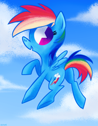 Size: 700x900 | Tagged: dead source, safe, artist:dotoriii, rainbow dash, pegasus, pony, cloud, flying, open mouth, sky, smiling, solo, spread wings, wings