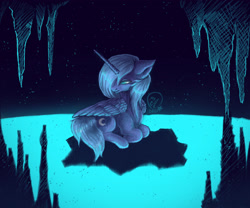 Size: 2697x2241 | Tagged: safe, artist:kimsteinandother, princess luna, alicorn, pony, high res, prone, s1 luna, solo, stalactite, stalagmite, water