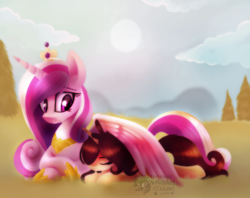 Size: 1240x980 | Tagged: safe, artist:starchasesketches, princess cadance, oc, oc:melany, alicorn, pony, unicorn, cloud, crown, eyes closed, female, grin, hug, jewelry, regalia, sleeping, smiling, sun, valley, wing blanket, winghug