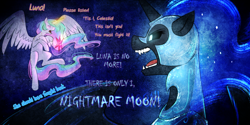 Size: 1280x640 | Tagged: safe, artist:cosmalumi, nightmare moon, princess celestia, alicorn, pony, alternate timeline, elements of harmony, fight, the nightmare reigns, tumblr:ask queen moon