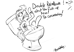 Size: 1000x705 | Tagged: safe, artist:boreddrawfag, rainbow dash, pegasus, pony, but why, double rainboom, double rainboom drama, drama, monochrome, toilet