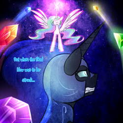 Size: 750x750 | Tagged: safe, artist:cosmalumi, nightmare moon, princess celestia, alicorn, pony, alternate timeline, elements of harmony, fight, the nightmare reigns, tumblr:ask queen moon