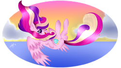 Size: 1024x576 | Tagged: safe, artist:anasflow, princess cadance, alicorn, pony, cloud, falling, heart eyes, ocean, one eye closed, solo, wingding eyes, wink