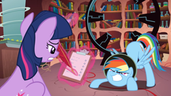 Size: 1920x1080 | Tagged: safe, screencap, rainbow dash, twilight sparkle, pegasus, pony, book, checklist, clipboard, double rainboom, faic, feather, golden oaks library, library, magic, quill