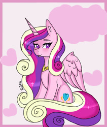 Size: 1132x1342 | Tagged: safe, artist:nyokoart, princess cadance, alicorn, pony, blushing, colored pupils, female, heart, looking at you, mare, signature, solo, wing fluff