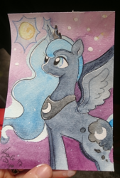 Size: 2046x3030 | Tagged: safe, artist:piripaints, derpibooru exclusive, princess luna, alicorn, pony, aninite, aninite 2017, commission, convention, glowing horn, moon, photo, sky, solo, stars, traditional art, watercolor painting, wings