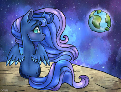 Size: 1024x778 | Tagged: safe, artist:twixyamber, princess luna, alicorn, pony, chibi, earth, moon, sitting, solo, space