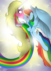 Size: 2452x3432 | Tagged: safe, artist:v-d-k, rainbow dash, pegasus, pony, adventure time, crossover, crossover shipping, female, kissing, lady rainicorn, lesbian, surprise kiss