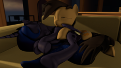 Size: 3840x2160 | Tagged: safe, artist:legoguy9875, princess luna, oc, oc:cogs fixmore, alicorn, earth pony, pony, 3d, canon x oc, female, male, sleeping, source filmmaker, straight