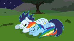 Size: 1024x576 | Tagged: safe, artist:madzik0107, rainbow dash, soarin', pegasus, pony, shipping, soarindash