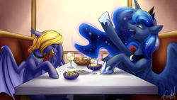 Size: 1920x1080 | Tagged: safe, artist:cosmalumi, princess luna, oc, oc:butter cream, alicorn, bat pony, pony, alcohol, bar, chips, clothes, commission, cross, eyes closed, food, jewelry, laughing, peanut, pendant, pretzel, shoes, spread wings, wine, wings