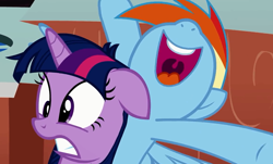 Size: 924x557 | Tagged: safe, screencap, rainbow dash, twilight sparkle, pegasus, pony, bang, cheering, double rainboom, female, floppy ears, gritted teeth, mare, messy mane, nose in the air, open mouth, out of context, smiling, uvula, volumetric mouth, wide eyes