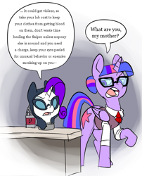 Size: 591x732 | Tagged: safe, artist:metal-kitty, derpibooru import, rarity, twilight sparkle, twilight sparkle (alicorn), alicorn, pony, unicorn, crossover, dialogue, disembodied head, female, glasses, mare, rarispy, spy, team fortress 2, twi medic