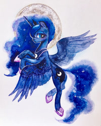 Size: 800x1002 | Tagged: safe, artist:catmag, princess luna, alicorn, pony, cute, female, looking at you, lunabetes, mare, moon, simple background, solo, spread wings, traditional art, watercolor painting, white background, wings