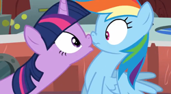 Size: 826x457 | Tagged: safe, screencap, rainbow dash, twilight sparkle, pegasus, pony, boop, double rainboom, female, imminent kissing, kissing, lesbian, noseboop, out of context, scrunchy face, shipping, twidash