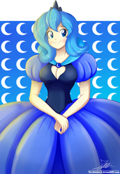 Size: 1304x1896 | Tagged: safe, artist:the-butch-x, princess luna, human, breasts, cleavage, clothes, commission, crown, cute, dress, female, gown, humanized, impossibly large dress, luna of atlantis, lunabetes, princess, regalia, s1 luna, smiling, solo