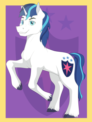 Size: 4120x5472 | Tagged: safe, artist:discbreaker100, shining armor, pony, unicorn, cutie mark, cutie mark background, grin, lidded eyes, looking at you, male, raised eyebrow, rearing, smiling, solo, stallion