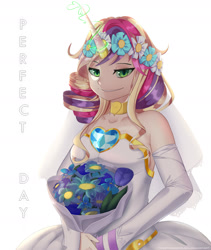 Size: 1600x1900 | Tagged: safe, artist:togeticisa, princess cadance, queen chrysalis, human, a canterlot wedding, clothes, dress, fake cadance, flower, horned humanization, humanized, simple background, wedding dress, white background