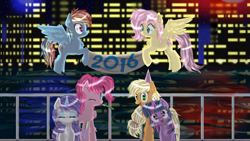 Size: 3246x1836 | Tagged: safe, artist:alexander56910, derpibooru import, applejack, fluttershy, pinkie pie, rainbow dash, rarity, twilight sparkle, earth pony, pegasus, pony, unicorn, 2016, chest fluff, city, ear fluff, lake, mane six, new year, poster