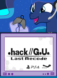 Size: 562x769 | Tagged: safe, princess luna, alicorn, pony, .hack, computer, dot hack, exploitable meme, gamer luna, gamer meme, happy, meme, obligatory pony, playstation 4, steam (software), tv meme