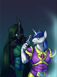 Size: 499x671 | Tagged: safe, artist:omny87, queen chrysalis, shining armor, anthro, changeling, changeling queen, breasts, female, infidelity, male, queen chrysaltits, shining chrysalis, shipping, straight