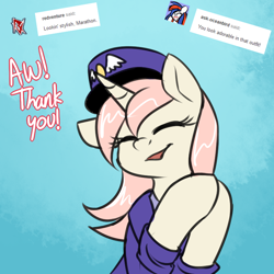 Size: 750x750 | Tagged: safe, artist:cosmalumi, oc, oc only, oc:marathon, unicorn, ask-marathon, blue background, bust, clothes, dialogue, eyes closed, floppy ears, mailmare, open mouth, simple background, smiling, solo, thank you, uniform