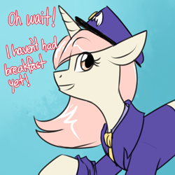 Size: 750x750 | Tagged: safe, artist:cosmalumi, oc, oc only, oc:marathon, unicorn, ask-marathon, blue background, clothes, dialogue, looking at you, mailmare, raised hoof, simple background, smiling, solo, uniform, walking