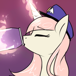 Size: 750x750 | Tagged: safe, artist:cosmalumi, oc, oc only, oc:marathon, unicorn, ask-marathon, bust, drinking, energy drink, eyes closed, gradient background, hat, levitation, magic, mailmare, mailmare hat, solo, telekinesis