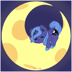 Size: 1000x1000 | Tagged: safe, artist:talim_stuff, princess luna, alicorn, pony, chibi, crescent moon, cute, female, filly, lunabetes, moon, signature, sleeping, solo, tangible heavenly object, woona, younger