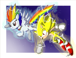 Size: 1237x945 | Tagged: safe, rainbow dash, pegasus, pony, crossover, element of loyalty, sonic the hedgehog, sonic the hedgehog (series), super rainbow dash, super sonic