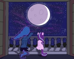 Size: 852x690 | Tagged: safe, artist:dafiltafish, princess luna, starlight glimmer, alicorn, pony, unicorn, balcony, duo, moon, night, questionable source