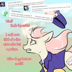 Size: 750x750 | Tagged: safe, artist:cosmalumi, oc, oc only, oc:marathon, unicorn, ask-marathon, clothes, dialogue, floppy ears, hat, looking up, magic, mailmare, mailmare hat, no catchlights, no pupils, running, solo, telekinesis, uniform